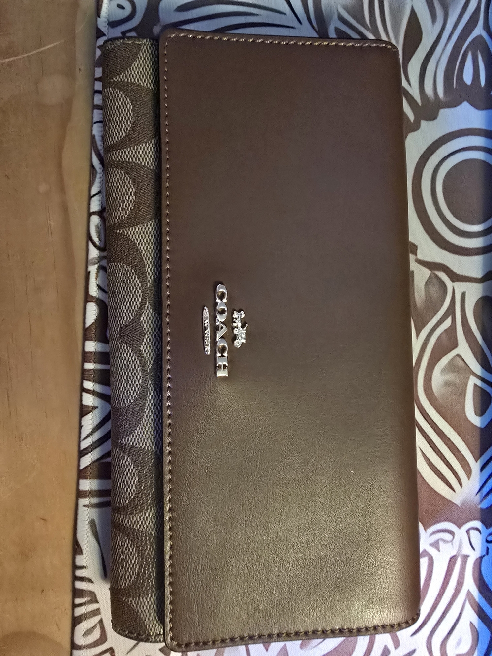 Coach Women's Brown Leather & Signature Canvas Long Wallet